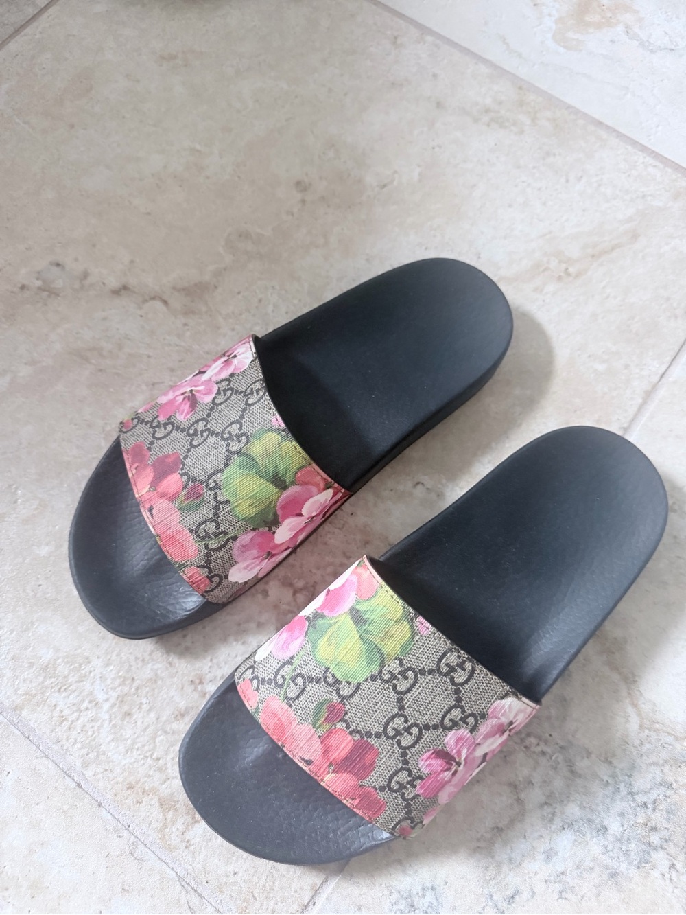 Gucci Black Slide Sandals with Pink & Green Floral Straps